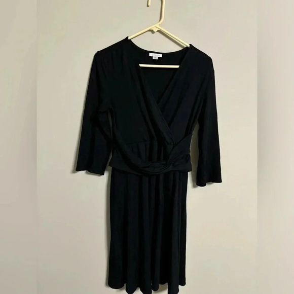 Garnet Hill Black Peplum Dress Size Medium V Neck 3/4 Sleeves Knee Length Wool - Picture 1 of 7